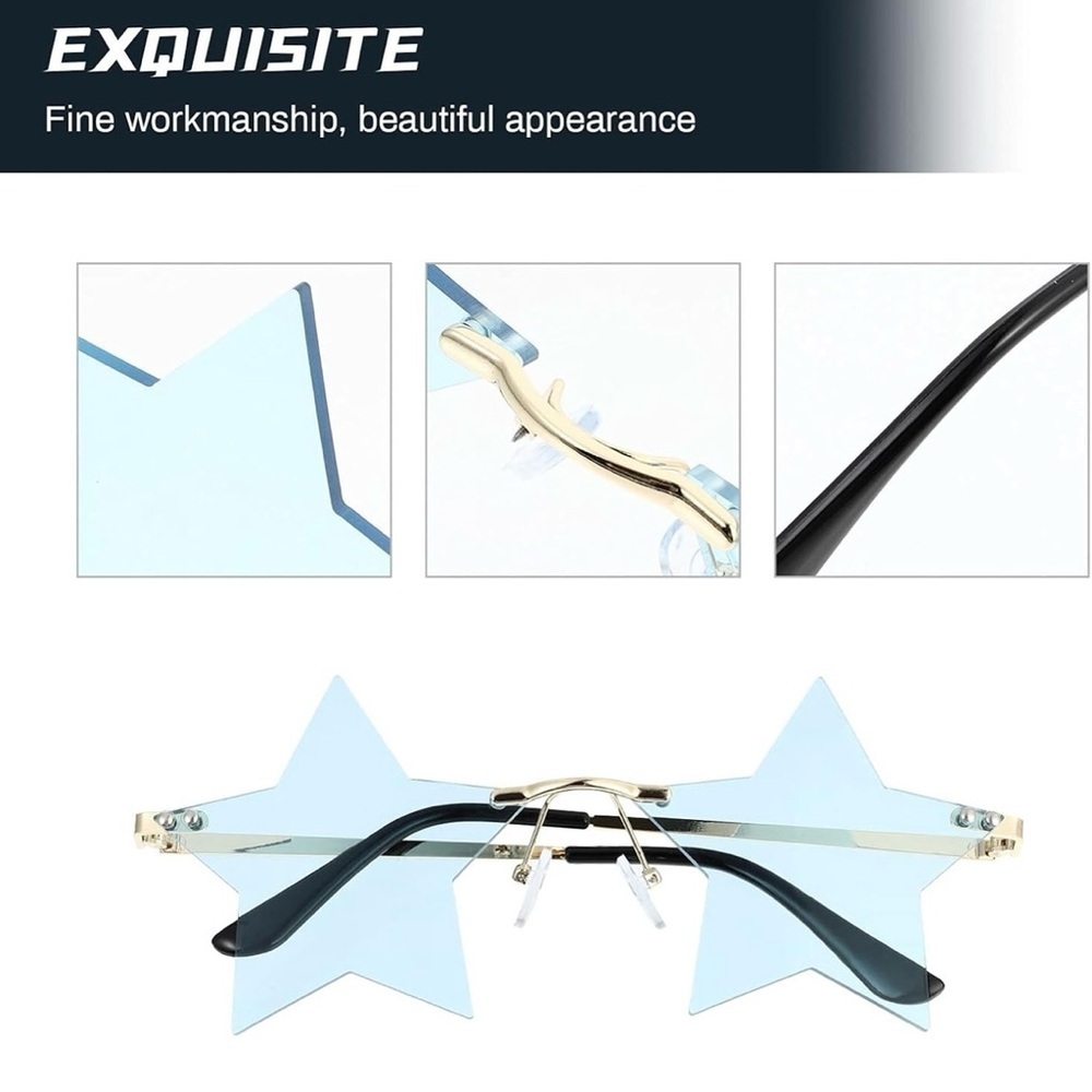 Star-Shaped Sunglasses Rimless Blue Gold Fun Festival Party EDM New Year's - Picture 12 of 15